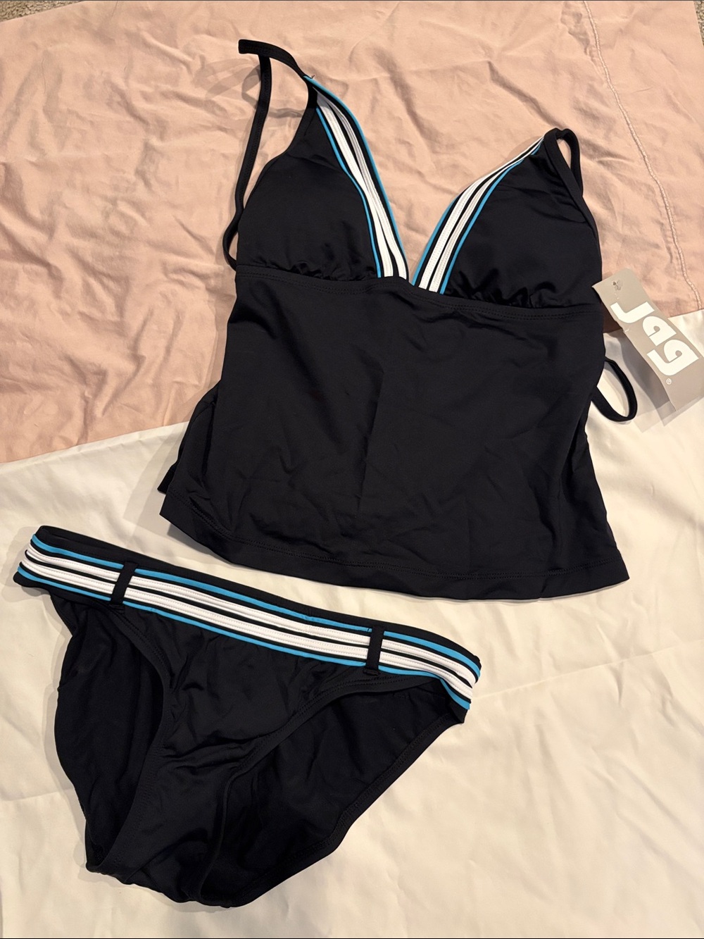JAG distributed Perry Ellis Black Tankini Set with White and Blue Stripe Accents
